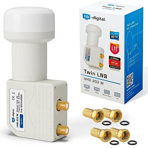 hb-digital Twin LNB - Test SEHR GUT* - für 2 Teilnehmer LTE Filter 2-Fach Full HD 4K 0.1dB mit Wetterschutz + 4X F-Stecker für TV Fernseher SAT Receiver Satellitenschüssel - Weiss von HB-DIGITAL