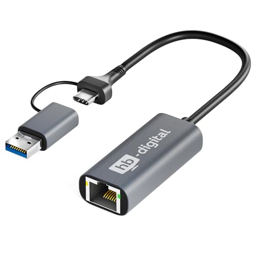 hb-digital USB-C auf Ethernet Adapter RJ45-Anschluss Gigabit LAN Netzwerkadapter Aluminiumgehäuse unterstützt 1000 Mbps 1Gbps USB 3.0 kompatibel inkl. USBA Adapter Datenkabel Netzwerkkabel von HB-DIGITAL