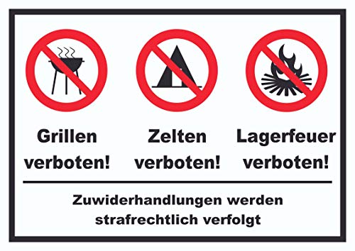 Grillen Zelten Lagerfeuer verboten Schild A4 (210x297mm) von HB-Druck