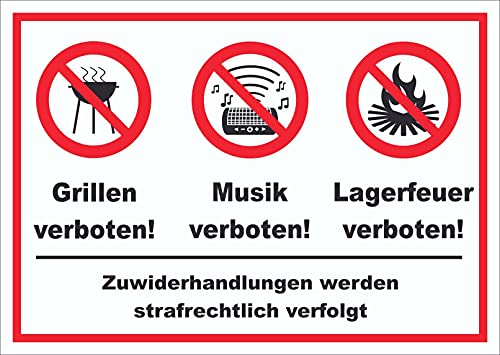Schild Grillen Musik Zelten verboten A2 (420x594mm) von HB-Druck