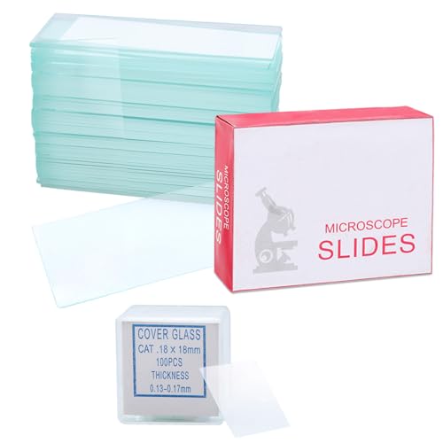50 Stück Objektträger und 100 Stück Deckgläser (18x18mm),Objektträger(76.2x25.4mm),Mattierte Kanten,Microscope Slides Mikroskop Zubehör für Labor Biologie Wissenschaft Studium von HBERCAI