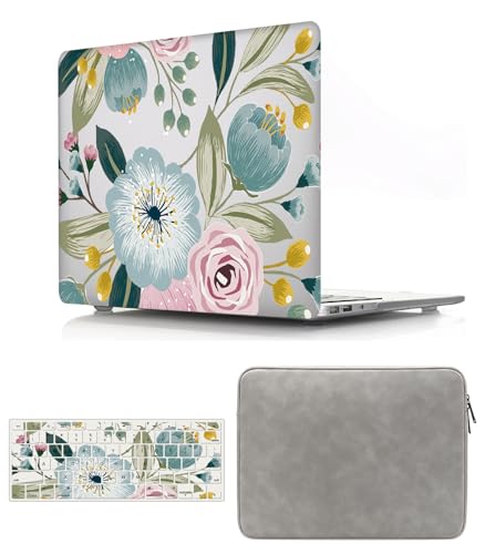 Hülle Kompatibel mit MacBook Pro 14 Zoll 2021 2023 A2442 A2779 A2918 A2992 M1 M2 M3 mit Touch ID, Plastik Hartschale Snap Case & Tastaturabdeckung & Leder Tasche, Grüne Blume von HBLX