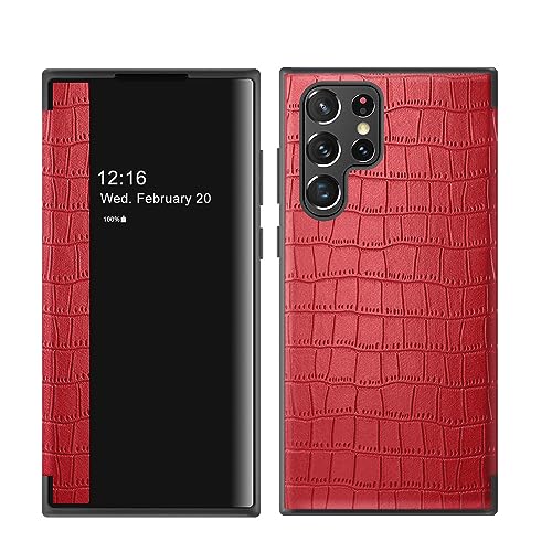 HBYLEE Handyhülle Für Samsung Galaxy S23ultra/S23plus/S23, Smart Clear View Fenster Magnetische Slim Mirror Hülle, Leder Flip Stoßfest Schutzhülle Case,Rot,S23 Ultra 6.8" von HBYLEE