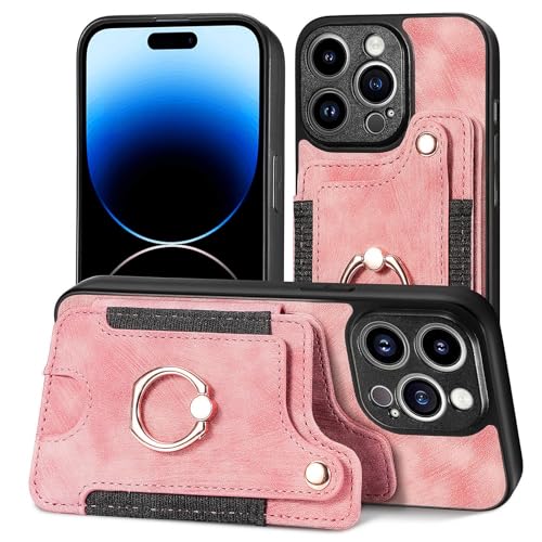 HBYLEE Handyhülle für iPhone 15ProMax/15Pro/15Plus/15, Hülle Premium Klappbar mit 360°Ring Ständer Case Tasche Magnet Kartenfach Magnetverschluss,Rosa,15Plus 6.7'' von HBYLEE