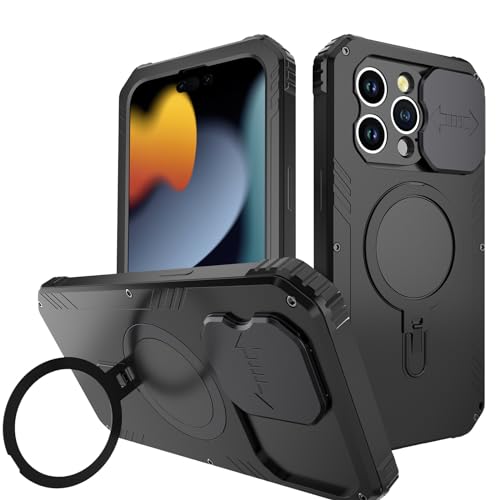 HBYLEE Hülle für iPhone 15/15 Plus/15 Pro/15 Pro Max, kompatibel mit MagSafe Magnetic Invisible Stand Slide Camera Cover Heavy Duty Aluminium Metall Robuste, stoßfeste Hülle von HBYLEE