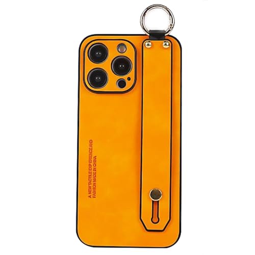 HBYLEE Lederhülle für iPhone 15 Pro Max/15 Pro/15 Plus/15, dünne, stoßfeste Handyhülle mit vollständigem Linsenschutz, Armbandhalterung und Ständer (15 Pro Max, Orange) von HBYLEE
