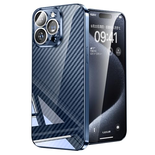 HBYLEE Magnetisch Hülle für iPhone 15 Pro Max/15 Pro/15 Plus/15, Luxus Galvanik Kohlefaser Muster Glasspiegel Handyhülle All-Inclusive Objektiv Schutzhülle,Dark Blue,15 6.1'' von HBYLEE