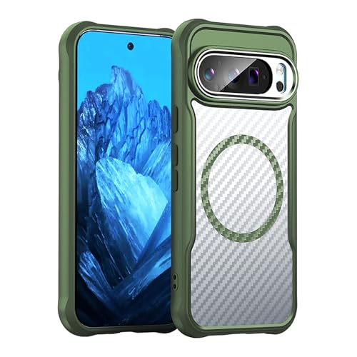 HBYLEE Magnetische Hülle für Google Pixel 9 Pro/9 Pro XL/9, Kohlefaser Texture Durchsichtig Handyhülle Métal Rahmen Objektiv Schutzhülle,Grün,9 Pro 6.3'' von HBYLEE