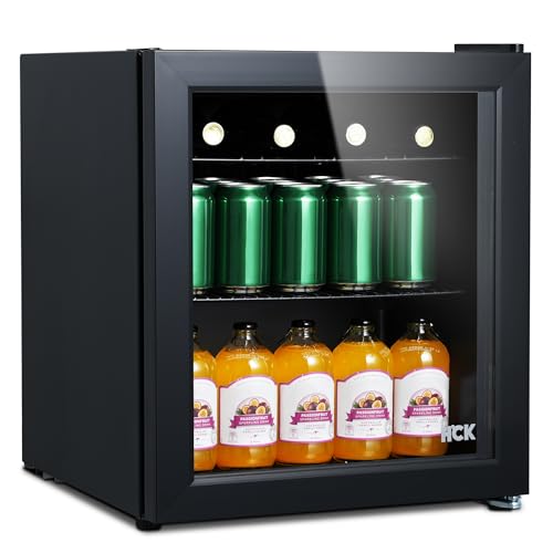 HCK 48L Mini Kühlschrank mit Glastür, 0-15°C Getränkekühlschrank für Bier, Lautlose kleine Kühlschränke 39dB, 2 Ablagen, Mini Fridge für Büro Zimmer, Minibar Bar Party, Bierkühlschrank, Schwarz von HCK
