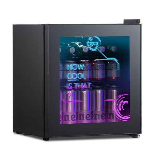 HCK 48L Mini Kühlschrank mit Glastür leise 39dB, Cyberpunk Getränkekühlschrank mit LED Beleuchtung, Flaschenkühlschrank, Mini Fridge 0-15°C für Gaming Deko, Minibar, Party, Schwarz von HCK