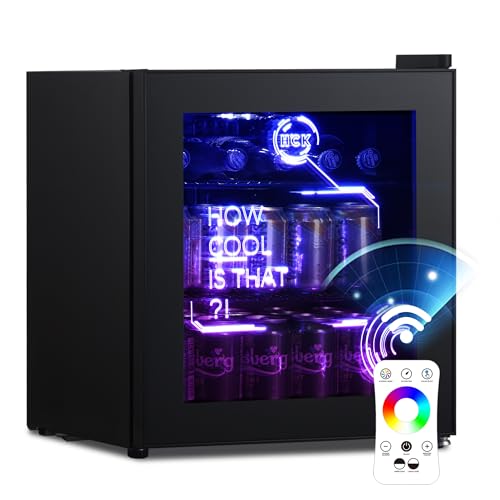 HCK 48L Mini Kühlschrank mit Glastür leise 39dB, Cyberpunk Getränkekühlschrank mit LED Beleuchtung, Flaschenkühlschrank, Mini Fridge 0-15°C für Gaming Deko, Minibar, Party, Schwarz von HCK