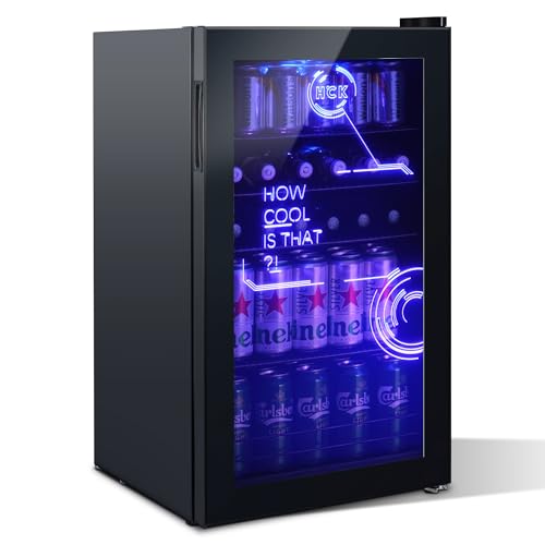 HCK 98L Getränkekühlschrank mit Cyberpunk Modern Beleuchtung, Minibar kleine Kühlschrank mit Glastür, lautlos 39dB, 0-15°C, Bierkühlschrank für Zimmer, Party, Küche, Schwarz von HCK