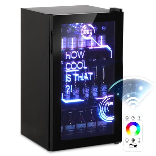 HCK 98L Getränkekühlschrank mit Cyberpunk Modern Beleuchtung, Minibar kleine Kühlschrank mit Glastür, lautlos 39dB, 0-15°C, Bierkühlschrank für Zimmer, Party, Küche, Schwarz von HCK