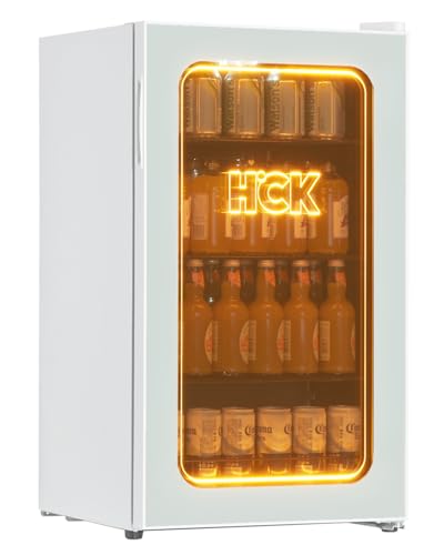 HCK 98L Getränkekühlschrank und Kühler, 105 Dosen Mini-Kühlschrank mit Glastür, 3D Orange Licht kleiner Kühlschrank mit verstellbaren Regalen für Soda Bier oder Wein, perfekt für Haus/Bar/Büro (Weiß) HCK 98L Getränkekühlschrank und Kühler, 105 Dosen Mini-Kühlschrank mit Glastür, 3D Orange Licht kleiner Kühlschrank mit verstellbaren Regalen für Soda Bier oder Wein, perfekt für Haus/Bar/Büro (Weiß) von HCK