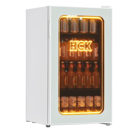 HCK 98L Getränkekühlschrank und Kühler, 105 Dosen Mini-Kühlschrank mit Glastür, 3D Orange Licht kleiner Kühlschrank mit verstellbaren Regalen für Soda Bier oder Wein, perfekt für Haus/Bar/Büro (Weiß) HCK 98L Getränkekühlschrank und Kühler, 105 Dosen Mini-Kühlschrank mit Glastür, 3D Orange Licht kleiner Kühlschrank mit verstellbaren Regalen für Soda Bier oder Wein, perfekt für Haus/Bar/Büro (Weiß) von HCK