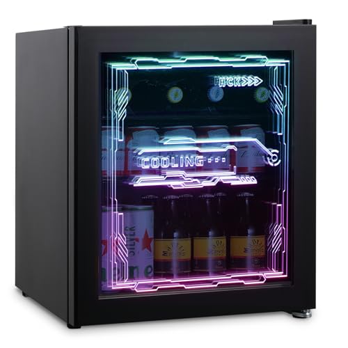 HCK Mini Kühlschrank 48L, Getränkekühlschrank mit Glastür und LED Beleuchtung, Cyberpunk Design, leise 39dB, 0-10℃ Bierkühlschrank für Gaming Room, Party, Bar, Schwarz von HCK