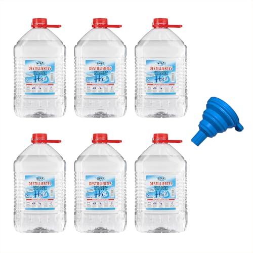 30 Liter destilliertes Wasser (6x5 Liter Kanister) + 1 Trichter (Silikon) von HCR Hygiene