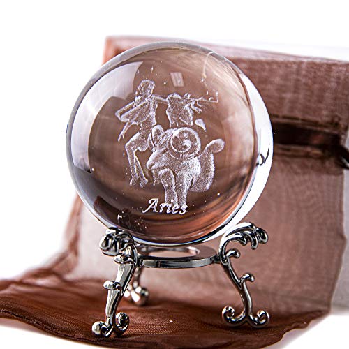 HDCRYSTALGIFTS 3D-Laser-Konstellationskugel aus Kristall, Briefbeschwerer, volle Kugel, Fengshui mit versilbertem Blumenständer (Widder) von HDCRYSTALGIFTS