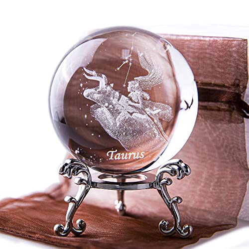 HDCRYSTALGIFTS 3D-Laser-Konstellation, Kristallkugel, Kristallbriefbeschwerer, Vollkugel-Glas, Fengshui mit versilbertem Blumenständer (Taurus) von HDCRYSTALGIFTS
