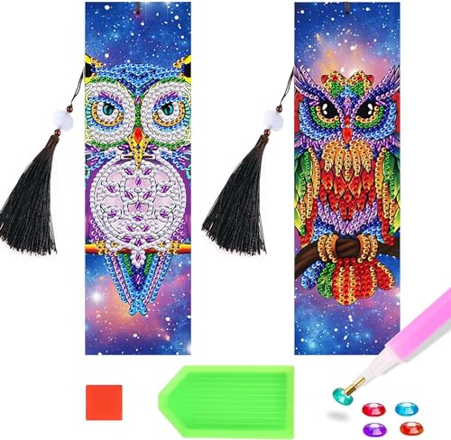 2 Stück DIY Diamant Kunst Lesezeichen - Leder Quaste, Bully Eule Muster Mit Kristallanhänger für Seitenmarkierung (A) von HDHGXUJRD