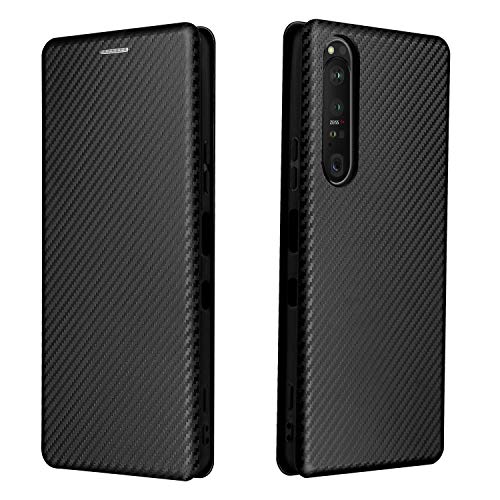 HDOMI Sony Xperia 1 III Hülle,Carbonfaser Muster Flip Cover PC Hard Case Stoßdichte Schutzhülle für Sony Xperia 1 III (Schwarz) von HDOMI