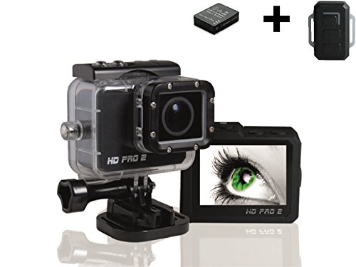 HD PRO 2 Action Cam Komplett-Set inkl.1x Fernbedienung + 1x Zusatzakku (Full HD, 60 fps, 20 Megapixel, 2 Zoll LCD Display, Weitwinkelaufnahmen 175°, HDMI, USB, Wifi + gratis App) schwarz von HDPRO