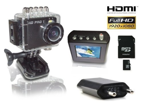HDPRO 1 Action Cam (5 Megapixel, 3,8 cm (1,5 Zoll) LCD-Display, Full HD) inkl. Class 10 SDHC 16GB Speicherkarte und 1x USB-Ladenetzteil schwarz von HDPRO