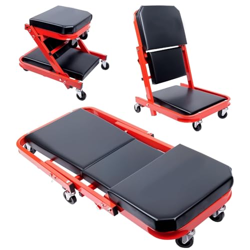 3-in-1 klappbarer Mechaniker-Rollstuhl – 40 Zoll Garagenstuhl mit 217 kg Tragkraft, 6-Rad-Rolldesign und einstellbaren Positionen(Red) von HDSDVNON