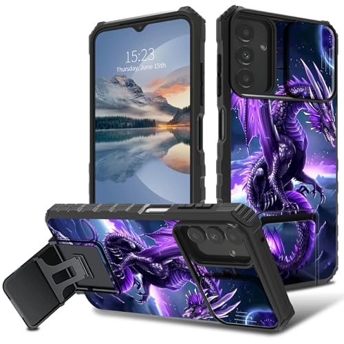 HEAKIERG Schutzhülle für Samsung Galaxy A35 5G 16,8 cm (6,6 Zoll), mit Schiebe-Kamera-Abdeckung, zweilagiger Schutz, stoßfest, Ständer, robuste Schutzhülle für Samsung A35 5G 2024, Lila Drache von HEAKIERG