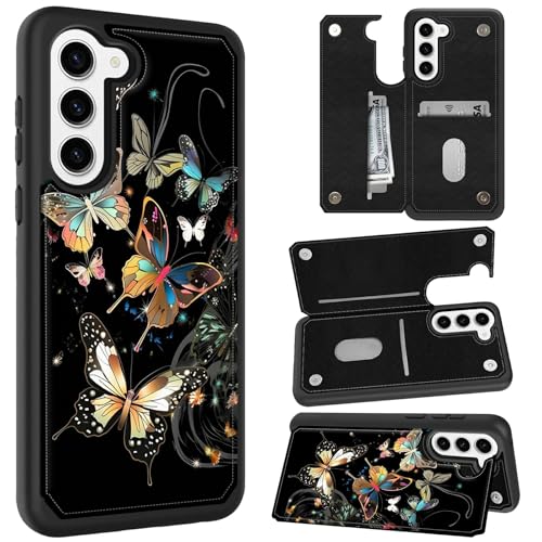 HEAKIERG Schutzhülle für Samsung Galaxy S25 Plus 17 cm (6,7 Zoll), mit Kartenhalter, stoßfest, schützender Ständer, Kreditkartenschlitz, weiches PU-Leder, Magnetverschluss, goldfarbener Schmetterling von HEAKIERG
