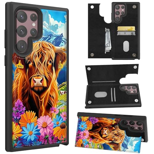 HEAKIERG Schutzhülle für Samsung Galaxy S25 Ultra 5G 17,5 cm (6,9 Zoll), mit Kartenhalter, stoßfest, schützender Ständer, Kreditkartenschlitz, weiches PU-Leder, Magnetverschluss, Blume, Kuh, Berg von HEAKIERG
