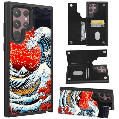HEAKIERG Schutzhülle für Samsung Galaxy S25 Ultra 5G 17,5 cm (6,9 Zoll), mit Kartenhalter, stoßfest, schützender Ständer, Kreditkartenschlitz, weiches PU-Leder, Magnetverschluss, Meereswellen, roter von HEAKIERG