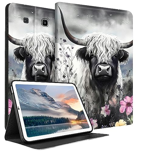 HEAKIERG Schutzhülle für Samsung Galaxy Tab E 9,6 Zoll 2015 (SM-T560/T561/T565/T567), PU-Leder, Standschale, mehrere Betrachtungswinkel, Schutzhülle für Galaxy Tab E 9,6 Zoll, Blume, Kuh von HEAKIERG