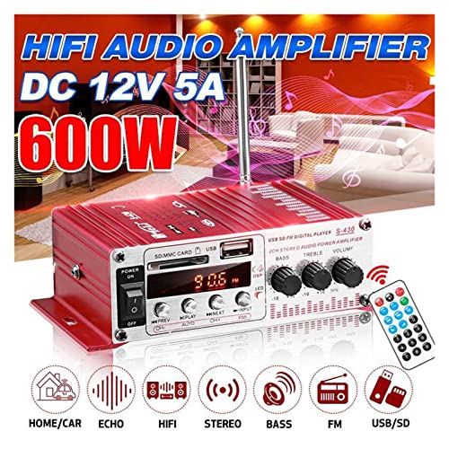 60. 0w 2CH. Home Auto Digitalverstärker HiFi Stereo Audio Bass Leistungsverstärker FM USB SD LED Subwoofer-Lautsprecher,Einfache Balance-Kontrolle(S430 Red) von HEALBYBLE