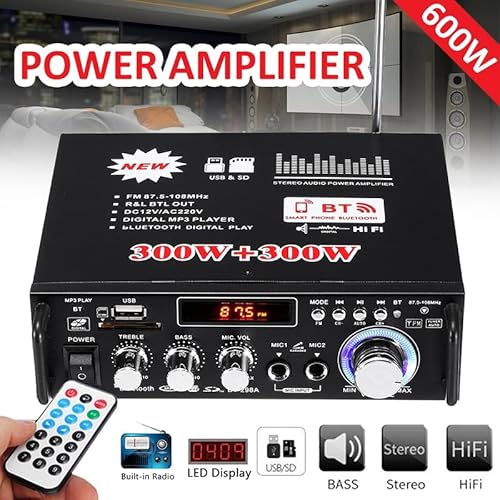HEALBYBLE 80. 0w 600w. Auto Amplificador. HiFi 2 ch. Audio-Leistungsverstärker Home Theater Verstärker Audiounterstützung FM USB SD/Fernbedienung,Einfache Balance-Kontrolle(600W) von HEALBYBLE