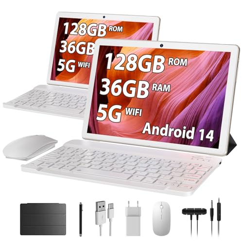 HEASUR Tablet 10 Zoll, Android 14, Tablet 36 GB RAM + 128 GB ROM (TF 1 TB), Octa-Core 2.0 GHz, WiFi 5G/2.4G BT5.0, Kamera 8000 mAh, 8 MP + 5 MP, Tablet mit Tastatur und Stift & Hülle (Gold) von HEASUR