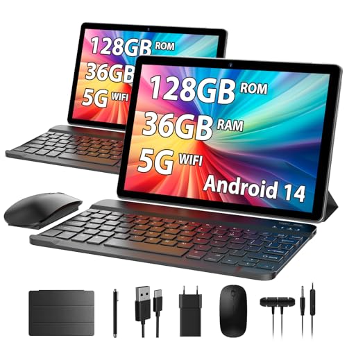 HEASUR 10 Zoll Android 14 Tablet - 36 GB RAM + 128 GB ROM (TF 1 TB), Octa-Core 2.0 GHz, WiFi 5G/2.4G BT5.0, 8000 mAh Akku, 8 MP + 5 MP Kamera, Mit Tastatur, Stift & Hülle (Grau) von HEASUR