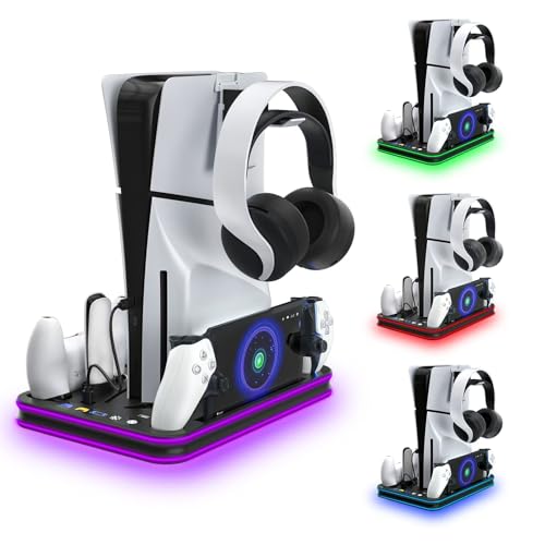 PS5 Slim Ständer und Kühlstation mit RGB LED Controller Ladestation für Playstation 5, Dual Sense & Edge Controller Ladegerät, Zubehör Kühlung Schwarz PS5 Slim Ständer und Kühlstation mit RGB LED Controller Ladestation für Playstation 5, Dual Sense & Edge Controller Ladegerät, Zubehör Kühlung Schwarz von HEATFUN
