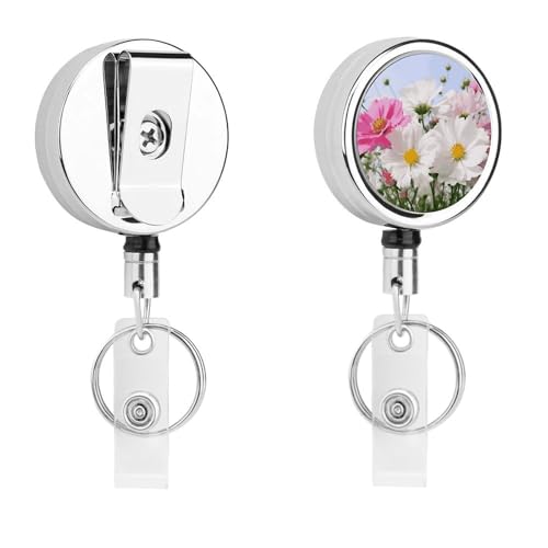 Ausziehbarer Ausweishalter aus Metall, einziehbar, rosa und weiße Blumen, Abzeichen mit Gürtelclip, Schlüsselanhänger für Schlüssel, Namenskartenhalter Ausziehbarer Ausweishalter aus Metall, einziehbar, rosa und weiße Blumen, Abzeichen mit Gürtelclip, Schlüsselanhänger für Schlüssel, Namenskartenhalter von HEBVNJF