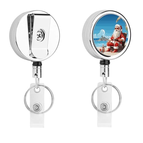 Ausziehbarer Ausweishalter aus Metall, einziehbarer Schlüsselanhänger, Weihnachtsmann am Strand, Abzeichen mit Gürtelclip, Schlüsselanhänger für Schlüssel, Namenskartenhalter Ausziehbarer Ausweishalter aus Metall, einziehbarer Schlüsselanhänger, Weihnachtsmann am Strand, Abzeichen mit Gürtelclip, Schlüsselanhänger für Schlüssel, Namenskartenhalter von HEBVNJF