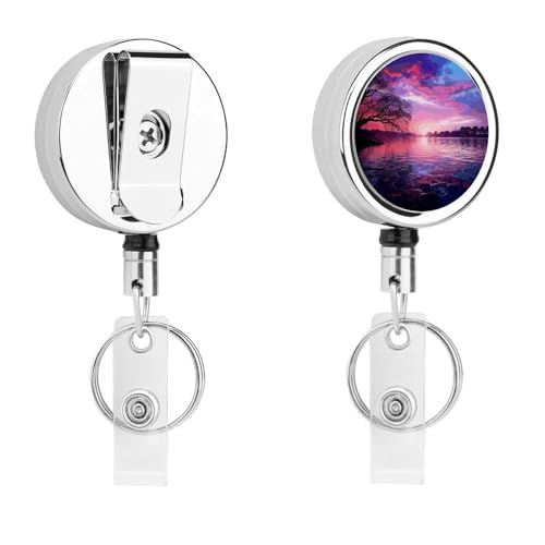 Ausziehbarer Ausweishalter aus Metall, einziehbarer Schlüsselanhänger, violetter Sonnenuntergang auf Wasserabzeichen mit Gürtelclip, Schlüsselanhänger für Schlüssel, Namenskartenhalter Ausziehbarer Ausweishalter aus Metall, einziehbarer Schlüsselanhänger, violetter Sonnenuntergang auf Wasserabzeichen mit Gürtelclip, Schlüsselanhänger für Schlüssel, Namenskartenhalter von HEBVNJF