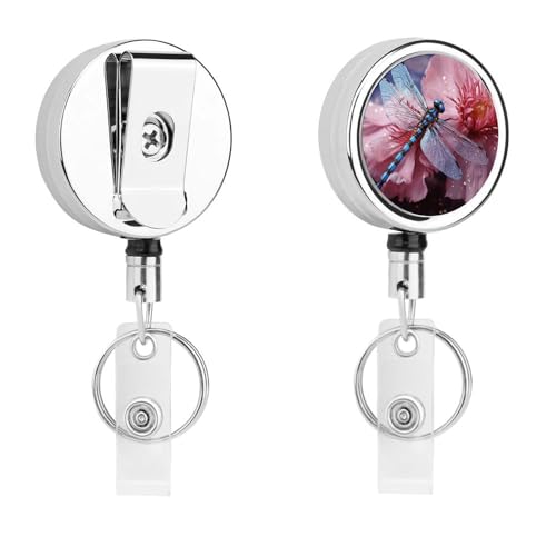 Ausziehbarer Ausweishalter aus Metall, einziehbarer Schlüsselanhänger mit Blume und blauer Libelle, mit Gürtelclip, Schlüsselanhänger für Schlüssel, Namenskartenhalter Ausziehbarer Ausweishalter aus Metall, einziehbarer Schlüsselanhänger mit Blume und blauer Libelle, mit Gürtelclip, Schlüsselanhänger für Schlüssel, Namenskartenhalter von HEBVNJF