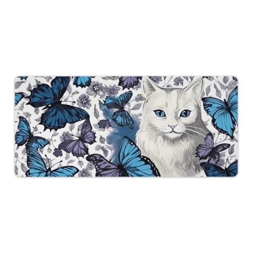 Gaming-Mauspad, Schreibtischunterlage, großes Mauspad, blauer Schmetterling und weiße Katze, LED-Mauspad, rutschfeste Unterseite, wasserdicht, Schreibtisch-Schreibunterlage für Büro und Zuhause Gaming-Mauspad, Schreibtischunterlage, großes Mauspad, blauer Schmetterling und weiße Katze, LED-Mauspad, rutschfeste Unterseite, wasserdicht, Schreibtisch-Schreibunterlage für Büro und Zuhause von HEBVNJF