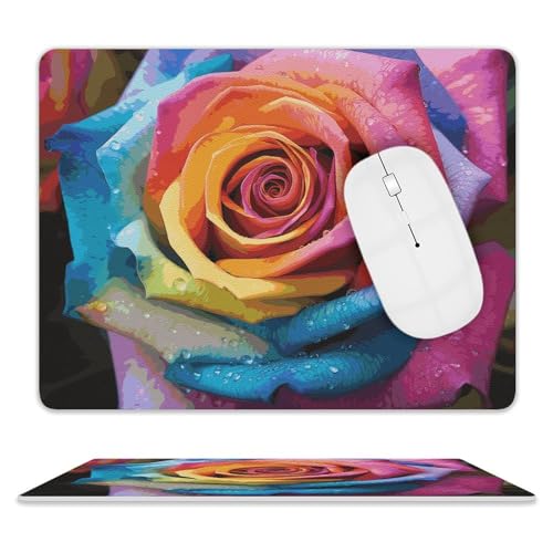 Rutschfeste Gummiunterseite, kleines Mauspad, quadratisch, 20,3 x 25,4 cm, Leder-Mauspad, Regenbogen-Rose, Blumen-Mauspad Rutschfeste Gummiunterseite, kleines Mauspad, quadratisch, 20,3 x 25,4 cm, Leder-Mauspad, Regenbogen-Rose, Blumen-Mauspad von HEBVNJF