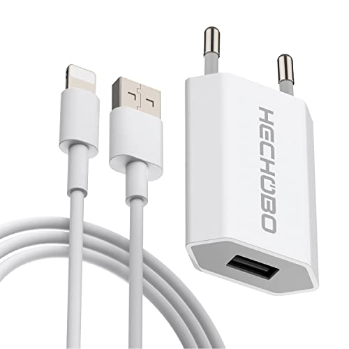 Ladegerät 5w für iPhone + 2m Ladekabel kompatibel mit iPhone 8 7 6 SE 6S Plus 5S 11 IPad Mini/Air/Pro, IPod, 5W Netzteil, Universal USB Wandladegerät Adapter Ladegerät von HECHOBO