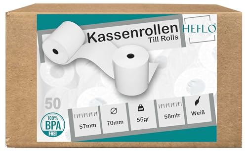 57mm X 70mm Thermorollen Bonrollen Kassenrollen 55gr./ Thermopapierrollen 58m (50) von HEFLO