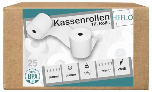 80mm X 80mm Thermorollen Bonrollen Kassenrollen mit 55gr. Thermopapierrollen 25 VPE von HEFLO