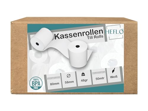 HEFLO 25 Stück 80mm X 60mm Thermorollen Bonrollen Kassenrollen 50m Thermopapierrollen passend für Epson, Bixolon, Metapace, SNBC, Orderman, Sewoo, Star, Citizen von HEFLO