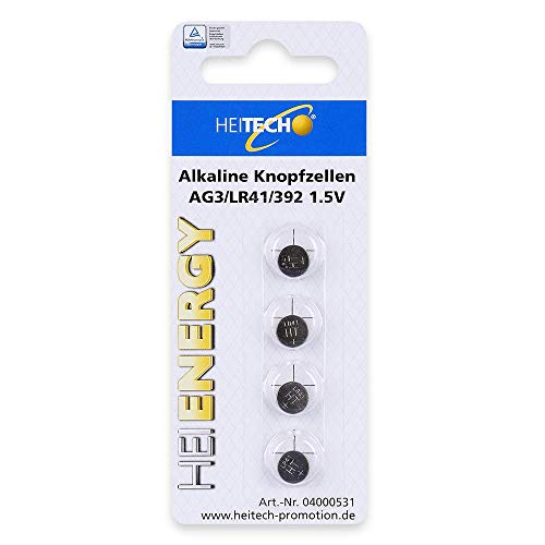 HEITECH 4er Pack AG3 Alkaline Knopfzellen Batterie TÜV geprüft 1,5V – AG3/LR41/392 - Knopfbatterien auslaufsicher & mit Langer Haltbarkeit von HEITECH Promotion GmbH