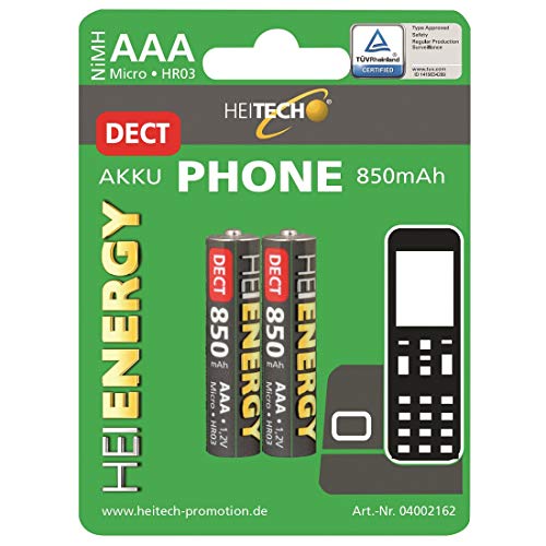 HEITECH vorgeladener 2er Pack NIMH-Akku Micro/AAA/HR 03 850 mAh 1,2V NiMH - für DECT Schnurlostelefon mit geringer Selbstentladung - Akkus für Geräte mit hohem Stromverbrauch von HEITECH Promotion GmbH